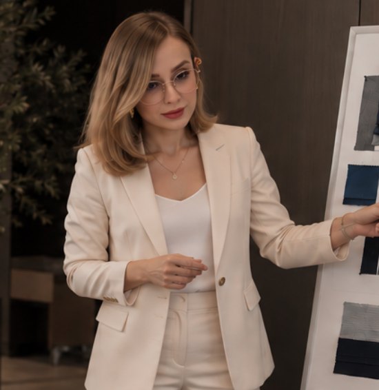 Marina, consultora de imagem corporativa e sócia da Colbeck, apresentando uma curadoria de uniformes